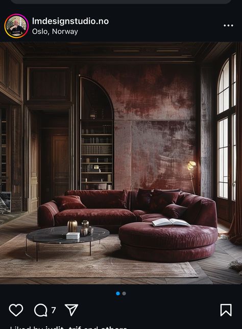 Living Room With Art, Burgundy Living Room, Hangout Space, Bedroom Wall Decor Ideas, 70s Interior, Art Deco Living Room, Basement Inspiration, Home Bar Ideas, Working Space