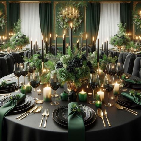 Wedding Color Dark Green, Dark Earth Tone Wedding, Black Gold And Dark Green Wedding, Black And Green Fall Wedding, Dark Green And Black Wedding Decor, Wedding Green Black Gold, Mixed Metal Wedding Decor, Forest Green Table Setting Wedding, Emerald Green Black Wedding