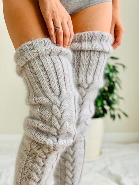 White Thigh High Socks, Thigh High Socks Plus Size, Angora Socks, White Thigh Highs, Lingerie Patterns, Over Knee Socks, Cool Winter, Fluffy Socks, Sock Knitting Patterns