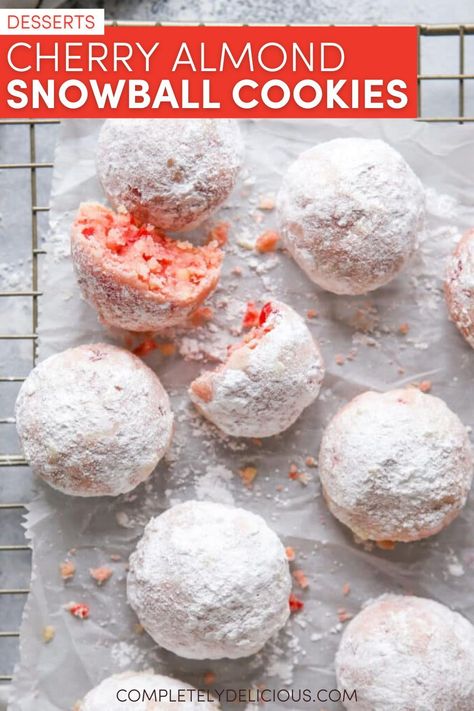 Cherry almond snowball cookies are soft and flavorful with a buttery melt-in-your-mouth texture. These powdered sugar-dusted cookies are filled with candied cherries and almonds for a twist on the classic! | snowball cookies recipe | snowball cookies recipe christmas | how to make snowball cookies | best christmas snowball cookies | snowball cookies with cherry | snowball cookies with almonds | cherry almond cookies | cherry almond snowballs | best christmas cookie recipe | christmas desserts Gf Snowball Cookies, Cherry Almond Snowball Cookies, Cherry Snowball Cookies, Walnut Snowball Cookies, Snowballs Cookies, Snowball Recipe, Almond Snowball Cookies, Classic Snowball Cookies, Snowball Cookies Recipe