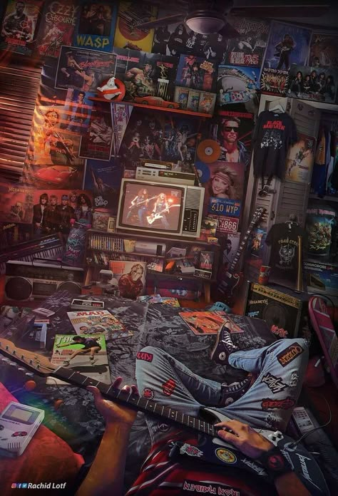 Retro Games Wallpaper, Horror Room, 80s Rock Bands, 80s Bedroom, Metal Room, Nostalgia Art, Retro Gaming Art, Retro Artwork, Retro Room