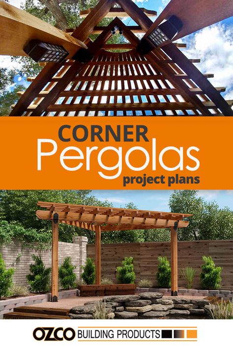 Your outdoor living space got you in a corner? We have just the corner pergola plans to fit your needs. Our Corner Pergola Plans are just the answer to create a shaded free standing 10'10'x16' area by the pool or a previously unused area of your backyard. Corner Pergola Plans, Deck Pergola, Corner Pergola, White Pergola, Vinyl Pergola, Pergola Diy, Cheap Pergola, Pergola Swing, Pergola Lighting