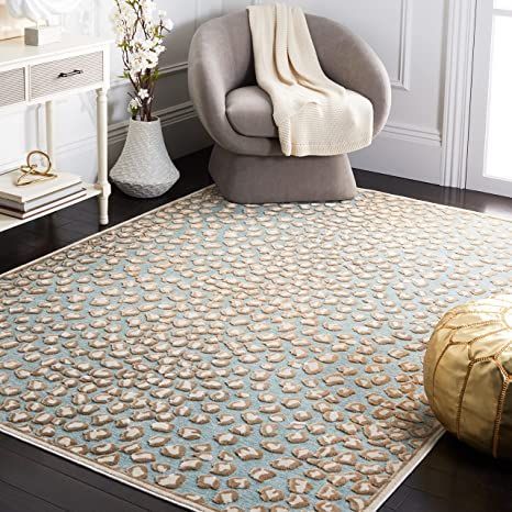 Safavieh Paradise Collection PAR84 Animal Print Viscose Area Rug, 4' x 5'7", Stone / Aqua Animal Print Carpet, Stone Rug, Aqua Rug, Palm Beach Regency, Rug Colors, Silk Carpet, Light Grey Area Rug, Color Stone, Black Rug