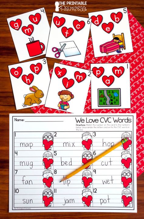 Cvc Valentine Activities, Kindergarten Heart Word Activities, Hands On Sight Word Activities For Kindergarten, Valentine Cvc Words Free, Valentines Cvc Activities, Valentines Math Activities Kindergarten, Valentines Literacy Centers Kindergarten, Hands On Centers For Kindergarten, Valentine’s Day Activities Kindergarten