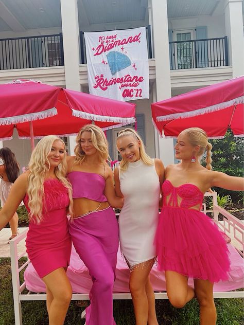 Pink Parade Outfit, Dolly Parton Bid Day Theme, Dolly Parton Bid Day, Pretty In Pink Bachelorette Party Outfit, Pastel Bachelorette Outfits, Dolly Parton Themed Bachelorette Party, Adpi Bid Day, Dolly Parton Bachelorette Party, Pink Bid Day