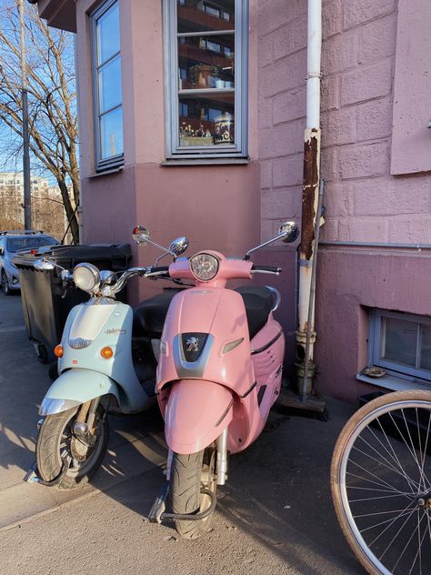 Razor Moped Aesthetic, Pink Sun Aesthetic, Razor Moped, Pink Moped, Pink Vespa, Pink Scooter, Moped Bike, Sun Aesthetic, Pretty Bike