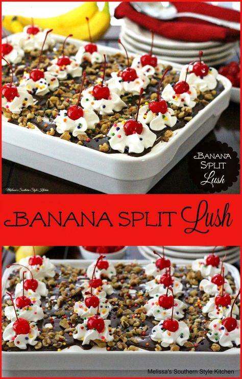 Banana Split Lush Banana Split Dessert Recipes, Southern Style Kitchen, Lush Dessert, Lush Recipes, Banana Split Cake, Split Cake, Banana Split Dessert, Dessert Parfait, Fingerfood Party