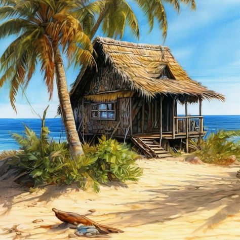 Beach Hut Art, Beach Huts Art, Craft Market Display, Fishing Shack, Log Cabin Rustic, Polynesian Art, African Paintings, Black Background Photography, Dreamy Artwork