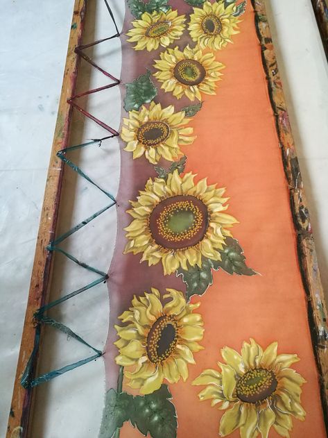 Scarf.natural Silk Scarf Floralsunflower Orange and | Etsy India Sari Painting, Sunflower Orange, Palazzo Design, Fabric Colour Painting, Bedroom Duvet, Saree Painting Designs, Saree Painting, Fabric Painting Techniques, Silk Design