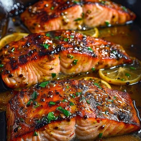 How to Make Delicious Cajun Honey Butter Salmon Salmon With Cajun Butter Sauce, Gourmet Buffet Ideas, Cajun Honey Butter Salmon Recipes, Baked Fish Dinner Ideas, How To Make Salmon, Honey Cajun Salmon, Cajun Salmon Recipes, Soul Food Meals, Aesthetic Dinner Ideas