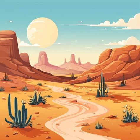 Desert Pathway, Desert Illustration Art, Art Deco Landscape, Desert Artwork, Sunset Desert, Rajasthani Painting, Calm Colors, Sky With Clouds, Gouache Art