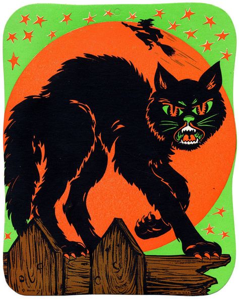 1970 Beistle 'Black Cat' Fluorescent Die Cut Decoration. One of 4 Designs. Size: 11" Beistle Halloween, Halloween Friday The 13th, Vintage Halloween Art, Halloween Artwork, Halloween Wallpaper Iphone, Halloween Illustration, Halloween Drawings, Cat Halloween, Halloween Images