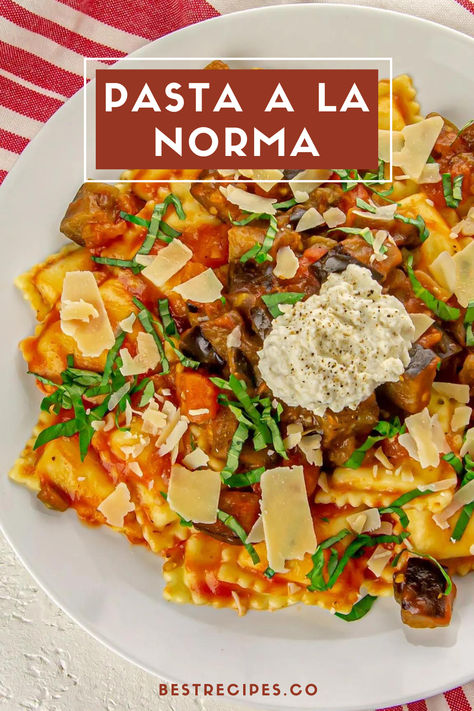 A famous Sicilian dish, pasta a la Norma consists of spaghetti, acidic tomato sauce, garlic, basil and ricotta salata cheese combined with sautéed aubergine. It's a tasty meal, its basic yet bold flavours paying homage to Sicily's culinary tradition.| pasta a la norma | pasta recipes | lunch recipes | comfort food | healthy snack | italian food recipes | easy and simple recipes | healthy snack | lunch ideas | italian recipes | italian pasta dishes | italiab pasta recipes Pasta Recipes Lunch, Lunch Recipes Pasta, Pasta A La Norma, Simple Recipes Healthy, Norma Pasta, Pasta Recipes For Lunch, Comfort Food Healthy, Food Recipes Easy, Italian Food Recipes