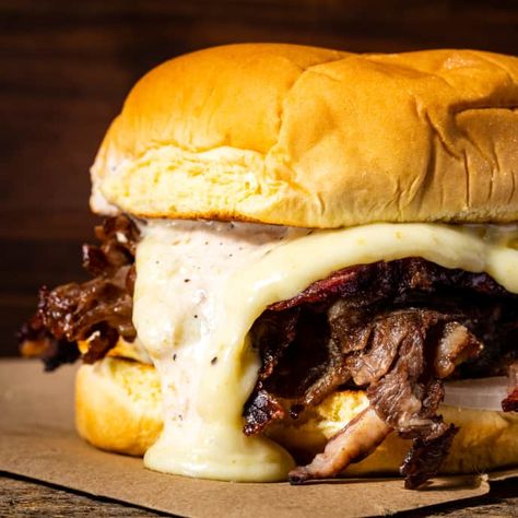 Smoked Prime Rib Sandwiches with Green Chile Queso | America's Test Kitchen Recipe Green Chile Queso, Prime Rib Sandwich, Cheesy Sandwich, Smoked Prime Rib, Rib Sandwich, Cooks Country, Barbecue Sandwiches, Cooks Country Recipes, Donut Toppings