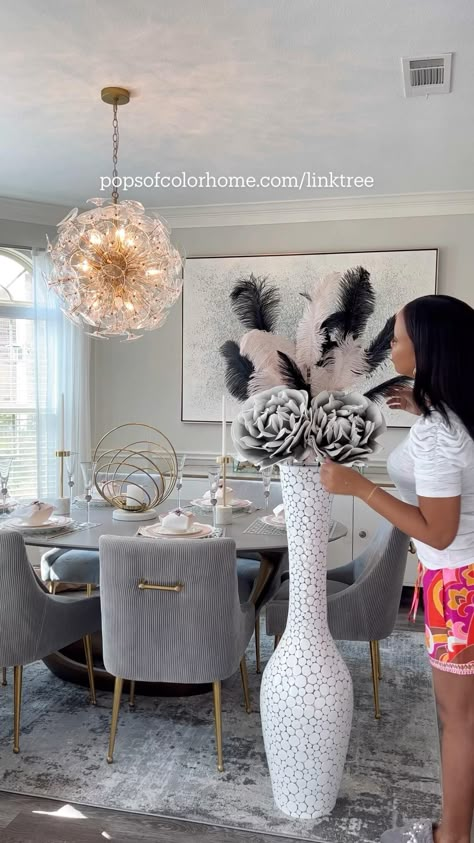 How gorgeous are these floral stems? This is one of my favorite floor vase and I couldn’t wait to restyle it #homedecor #livingroom #diningroom Big Floor Vases, Luxury Dining Room Decor, Floor Vase Decor, Glam Living Room Decor, Dining Room Decor Modern, Tall Floor Vases, Floor Vases, Classy Living Room, Elegant Living Room Decor