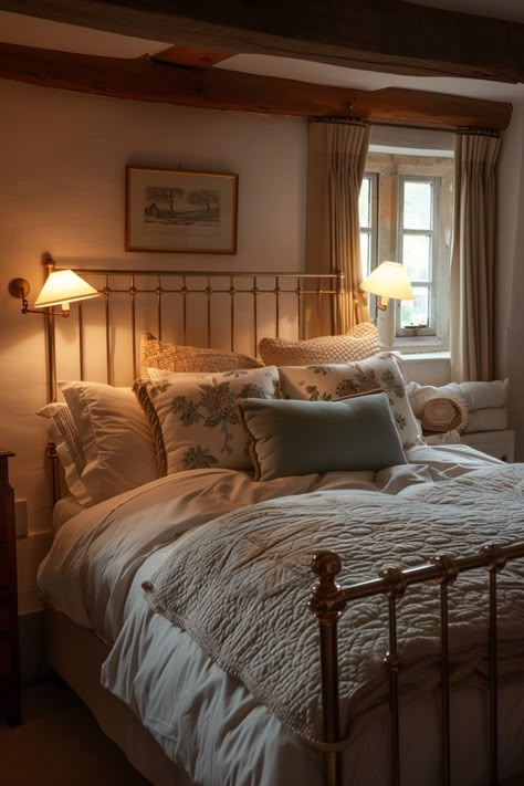 Experience cozy tranquility with 58 comforting English cottage bedroom ideas. English Cottage Inspired Bedroom, Large Cottage Bedroom, English House Bedroom, Comfy Cottage Bedroom, English Country House Interior Bedroom, English Country Master Bed, Georgian Bedroom English Country, Cosy Country Cottage, English Cottage Design Interiors