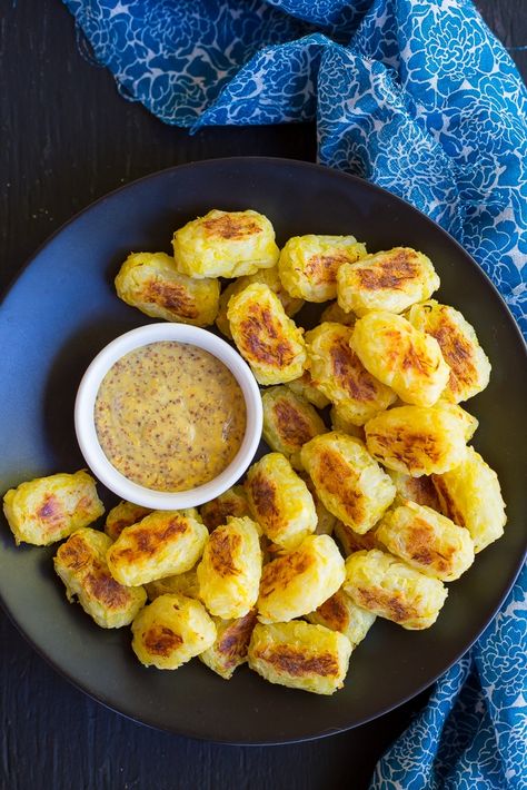 Spaghetti Squash Tater Tots with Maple Mustard Dip-9995 Squash Tater Tots, Healthy Spaghetti, Mustard Dip, Maple Mustard, Gluten Free Appetizers, Spaghetti Squash Recipes, Tater Tots, Vegan And Gluten Free, Squash Recipes