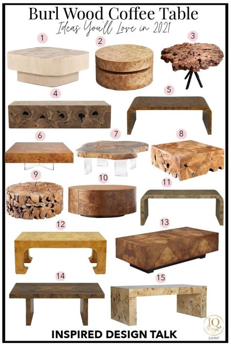 burl-wood-coffee-table Living Room Coffee Table Ideas, Modern Coffee Table Diy, Modern Coffee Table Styling, Modern Coffee Table Decor, Wood Coffee Table Living Room, Wood Coffee Table Design, Burled Wood Table, Burled Wood Coffee Table, Round Coffee Table Living Room