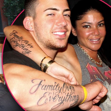 Luke Wessman Tattoos Mob Wife and son in NY Alicia "Family Over Everything" tattoo Sister Sleeve Tattoo, Mother And Son Lion Tattoo, Mom And Son Lion Tattoo, Family Over Everything Tattoo Ideas, Family Is Everything Tattoo, Brothers Keeper Tattoo Ideas, Family Over Everything Tattoo Men, Lion King Mom And Son Tattoo, Mom Ans Son Tattoo