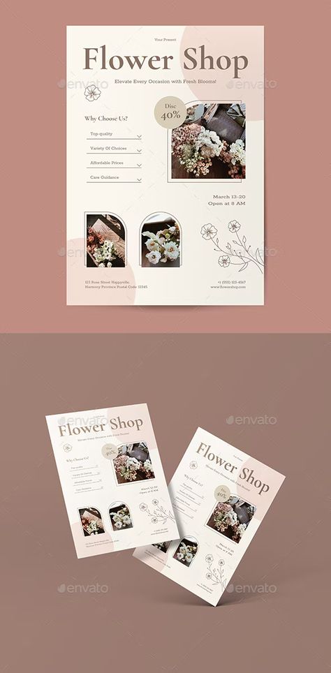 Cream Chocolate Boho Flower Shop Flyer, Print Templates | GraphicRiver Flower Flyer Design, Flyer Ideas For Business, Flower Shop Flyer, Brochure Design Layout, Flower Business, Flyer Ideas, Image Notes, Flyer Design Templates, Flower Bouquets