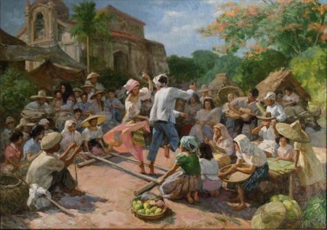 Tinikling in barrio, 1951, Oil on canvas by Fernando Amorsolo. Amorsolo Paintings, Ancient Filipino, Fernando Amorsolo, Filipino Woman, Pinoy Culture, Philippines Tattoo, Filipino History, Filipino Art, Philippine Art