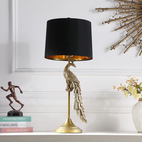 Modern Golden Peacock Polyresin Table Lamp - Bed Bath & Beyond - 37564514 Glam Table Lamps, Peacock Lamp, Golden Peacock, Glam Table, Lamp Standing, Open Table, Gold Peacock, Pedestal Table Base, Crystal Table Lamps