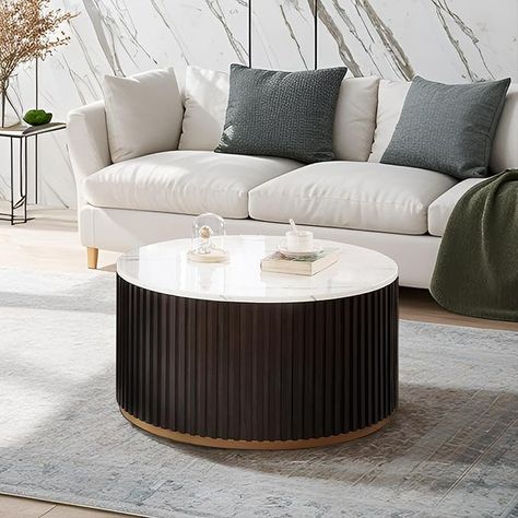 Round Wood Coffee Table with Marble Lid ＆ Hidden Storage, Modern Circle Handcraft Coffee Table for Living Room, Wooden Drum Coffee Table, No Need Assembly(Black Brown,31x31x16 in) Coffee Table For Living Room, Table With Marble, Drum Coffee Table, Round Wood Coffee Table, Table For Living Room, Wood Coffee Table, Design Your Dream House, Coffee Table Wood, Hidden Storage