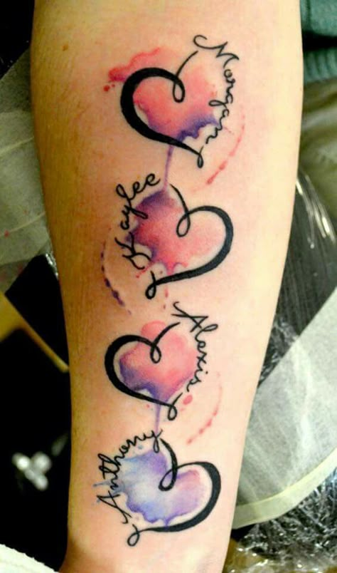 Watercolour Heart Tattoo, Foreman Tattoo For Women, Watercolor Name Tattoo, Tattoo Ideas For Moms With Kids, Tattoo With Kids Names For Moms, Heart Watercolor Tattoo, Tattoos For Grandchildren, Tattoos For My Kids, Grandchildren Tattoo Ideas Grandmothers