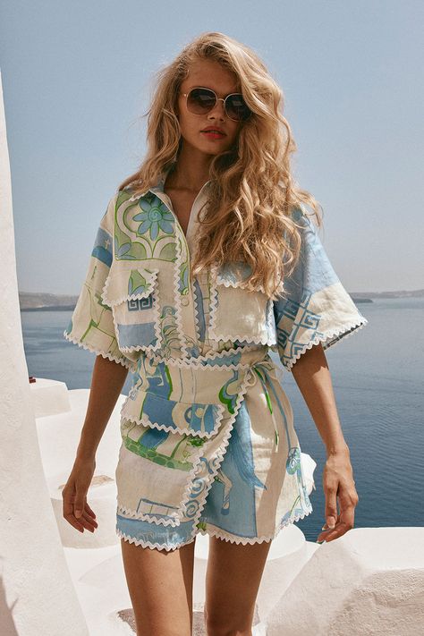 Diaz Skirt - Theotokos Ocean 2025 Resort Collection, Sea Style Fashion, Summer Skirt Sets, Casual Resort Outfits, Resort 2025 Fashion Trends, Ocean Style Outfit, Resort Wear 2025, Summer Collection Poster, Skirt Set Outfit Two Pieces