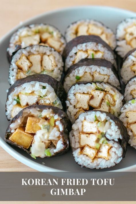 Korean Fried Tofu Gimbap - Soo-mi's Side Dish | chopsticks and flour Tofu Kimbap, Kimchi Kimbap, Korean Food Photo, Vegan Korean Food, Seaweed Rice, Korean Meals, Rice And Noodles, Cheap Lunch, Tv Recipes