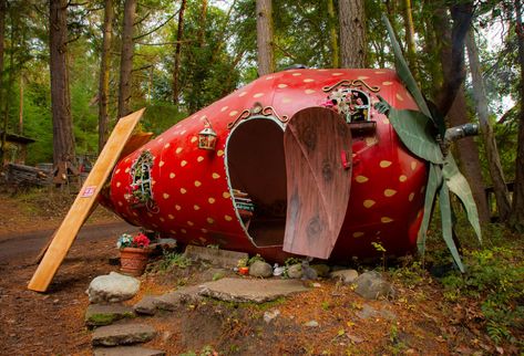 Hidden Driveway, Strawberry Lights, Fruit House, Strawberry House, Plank Of Wood, Giant Strawberry, Woodland Cottage, Hippie Trippy, Strawberry Shortcake Characters