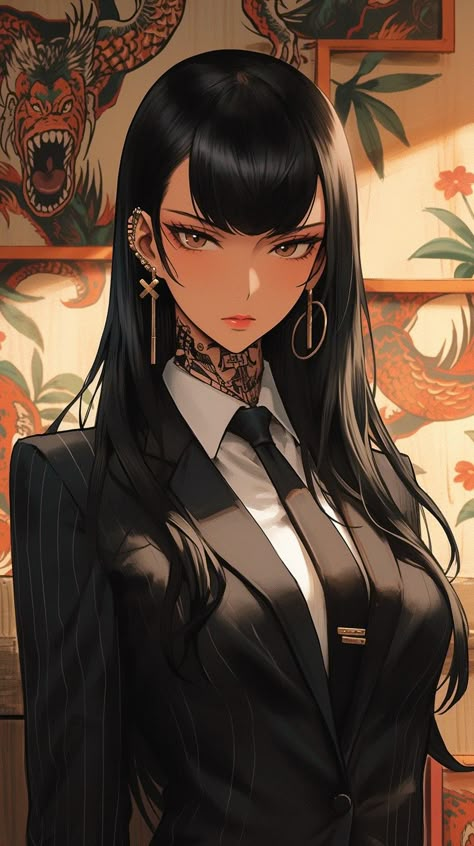 Anime Business, Anime Delinquent Female, Anime Women In Suits Fanart, Female Bodyguard Art, Anime Mafia Female Boss, Yakuza Woman Art, Manhwa Women In Suits, Yakuza Girl, Mafia Girl Animes