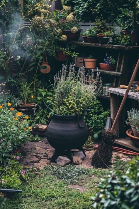 Green Witch Cottage Aesthetic, Witch Patio Decor, Outdoor Cauldron Ideas Halloween, Fall Garden Inspiration, Witches Herb Garden, Garden Cauldron, Goth Garden Decor, Herbal Garden Ideas, Witchy Garden Ideas