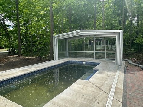 Retractable Pool Enclosure in Michigan by Roll-A-CoverAmerica's Leading Custom Manufacturer of Retractable Enclosure and Roof Systems Retractable Enclosure, Indoor Pool House, Swimming Pool Enclosures, Perona Farms, Residential Pool, Pool Enclosures, Pool Landscape Design, Dream Pools, Swimming Pools Backyard