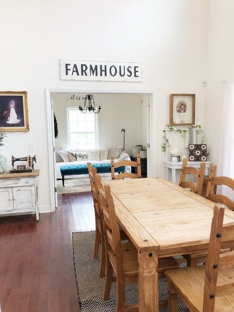 Moving the Dining Room into the Main Entry - The Front Porch Farmhouse Entry Into Dining Room, Dining Room Entryway Combo, Porch Farmhouse, Front Door Entryway, Mirror Dining Room, Big Table, Everyone Is Welcome, Front Entry Doors, Large Dining Room