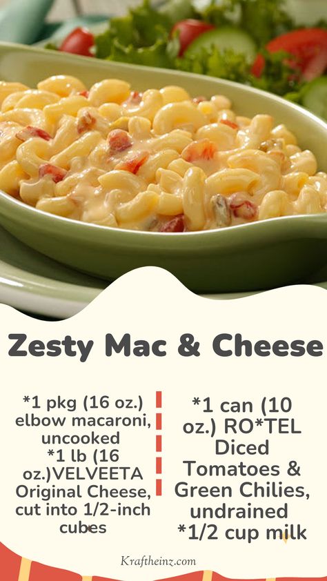 Zesty Mac & Cheese: Elbow macaroni combined with VELVEETA Original Cheese, RO*TEL Diced Tomatoes & Green Chilies, and milk for a quick, creamy dish with a zesty twist. Velveeta Pasta, Ham Mac And Cheese, Velveeta Rotel, Chopped Ham, Rotel Tomatoes, Mac Cheese Recipes, Elbow Macaroni, Mac Cheese, Pasta Dish