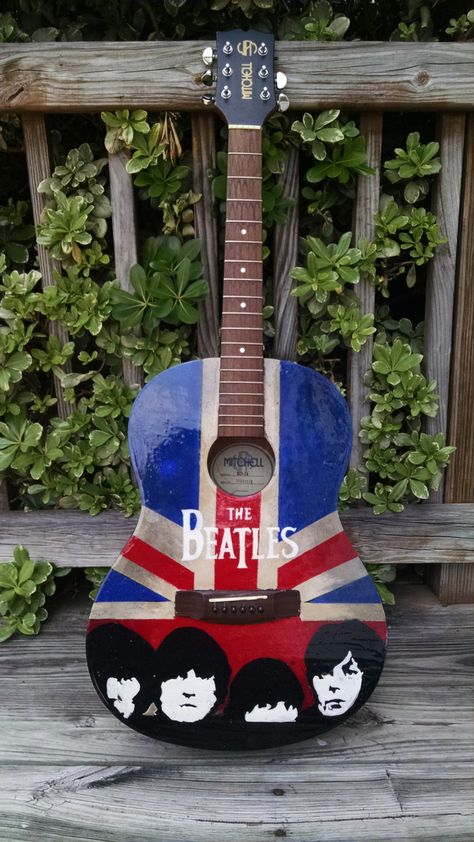 Hand Painted Acoustic Guitar, Beatles Crafts, Ukulele Art, Beatles Memorabilia, Guitar Painting, Singing Group, Beautiful Guitars, The Fab Four, Guitar Art