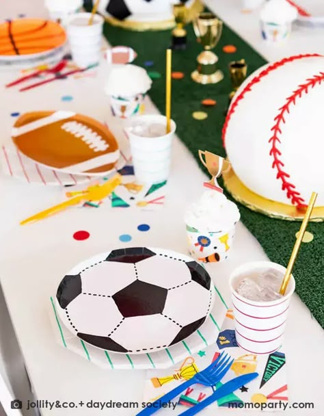 Throwing a sport themed party for your kids? Check out Momo Party's Sport Party Collection with unique sport themed tableware, decorations and fun party balloons. Perfect for kid's birthday parties or team championship celebrations! Check out momoparty.com for more party decorating ideas and themed party supplies now! Sports Centerpieces, Half Birthday Party, Ampersand Design, Sports Theme Birthday, Sports Birthday Party, Football Theme Party, Soccer Birthday, Ball Birthday, Half Birthday