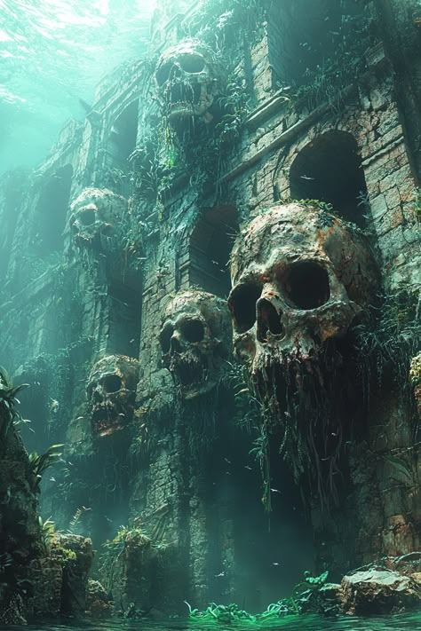 In the sunken ruins of an ancient city, vile zombie ghosts haunt the underwater depths. Once proud citizens, their decayed forms now drift eerily through the murky waters, eyes glowing with malevolent hunger. The seaweed clings to their skeletal bodies as they reach out with bony fingers, seeking to drag the living into their watery grave, where they, too, will become one of the cursed. Fey Village, Scary Landscape, Sunken Ruins, Fantasy Survival, Haunted Island, Edits Capcut, Underwater Ruins, Eyes Glowing, Ghost City