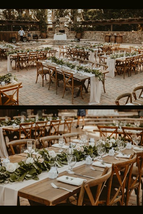 A collage containing two photos of table details, a wide and a closer shot. The tables are brown and  rectangular with cream cloth table runners and green, pink and white flowers running the length of the tables. Sage Green White Brown Wedding, Rustic And Green Wedding, Olive Green Wedding Scheme, Wedding With Green Accents, Wedding With A Lot Of Greenery, Wedding Green And Champagne, Sage Green And Wood Wedding Theme, White And Sage Wedding Table Setting, Country Sage Green Wedding