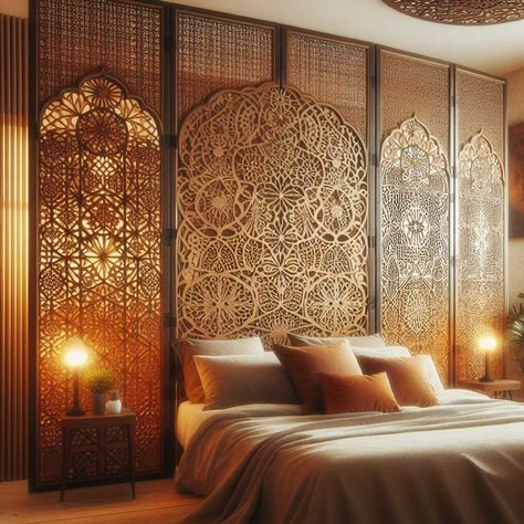 31 Ingenious Ideas To Use Room Dividers As Headboards » HomeDecorFull Morracan Room Ideas, Room Divider Ideas Bedroom, Ethnic Bedroom, Arabic Living Room, Room Divider Headboard, Moroccan Bedroom, Moroccan Room, Bamboo Room Divider, Hanging Room Dividers