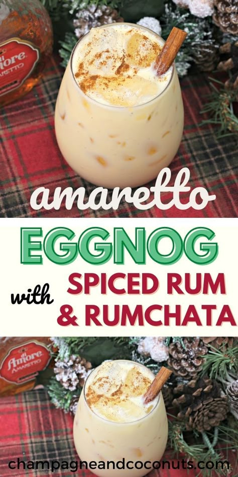 Amaretto Eggnog Recipe, Best Spiked Eggnog Recipe, Holiday Spiked Drinks, Alcohol Eggnog Drinks, Amaretto Eggnog Cocktail, Alcohol Eggnog Recipe, What Alcohol Goes In Eggnog, Rumchata Christmas Cocktails, Eggnog Mixed Drinks