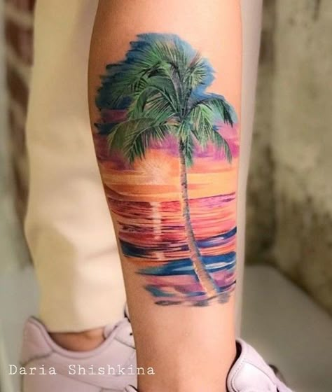 Beach Inspired Tattoos, Beach Tattoo Ideas, Beachy Tattoos, Hawaiian Flower Tattoos, Tree Tattoo Forearm, Tropical Tattoo, Flamingo Tattoo, Sunset Tattoos, Girl Arm Tattoos