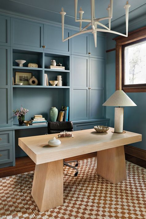 Caroline Turner Thoughtfully Updates This Chicago Victorian Courtland Blue Benjamin Moore, Van Courtland Blue Benjamin Moore, Cb2 Desk, Van Courtland Blue, Blue Benjamin Moore, Victorian Home Renovation, Luxe Magazine, Homework Room, Chicago Design