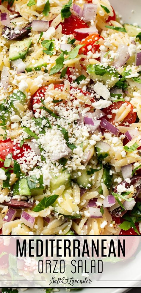 a bowl of salad with text overlay that reads mediterranean orzo salad Orzo Salad Dressing, Cold Orzo Salad, Orzo Salad Recipes Cold, Orzo Salad With Chicken, Orzo Recipes Side, Mediterranean Orzo Salad, Orzo Pasta Recipes, Mediterranean Orzo, Mediterranean Recipes Healthy