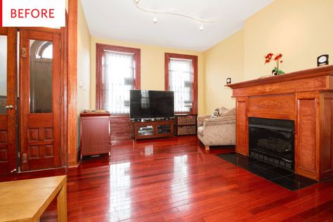 Rooms With Cherry Wood Floors, Red Wood Floors Decor, Red Cherry Floors Living Rooms, How To Decorate With Red Wood Floors, House With Cherry Wood Floors, Dark Red Floors Living Rooms, Cherry Red Floor Living Rooms, Red Floors Living Room, Bedroom With Cherry Wood Floors