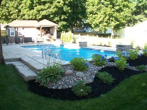 Complete Landscapes Plants Around Pool, Landscaping Around Pool, Inground Pool Designs, Pool Plants, Inground Pool Landscaping, Simple Pool, Rectangle Pool, Pools Backyard Inground, Pool Landscape Design