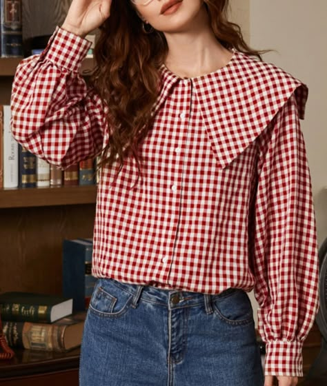 Plaid Top Outfit, Korean Blouse, Sleeves Women, Statement Collar, Trendy Fashion Tops, Sailor Collar, Illustration Fashion Design, Plaid Blouse, Love Clothing