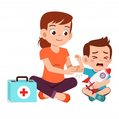 Mom help first aid to little kid boy | Premium Vector #Freepik #vector #woman #cartoon #kid #child First Aid Cartoon, Leg Ulcers, Woman Cartoon, Kid Boy, Home Safety, Mom Help, 3 Kids, Magazine Template, Boy Mom