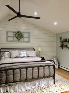 Shiplap Wall Bedroom Decorating Ideas, Bedroom Farmhouse Accent Wall, Bedroom With White Shiplap Accent Wall, Bedrooms With Shiplap Walls, Shiplap Wall Bedroom Farmhouse Style, Rustic King Size Bed Frame, Farmhouse Style Master Bed, Bedroom Accent Wall Headboard, Rustic Industrial Decor Master Bedrooms